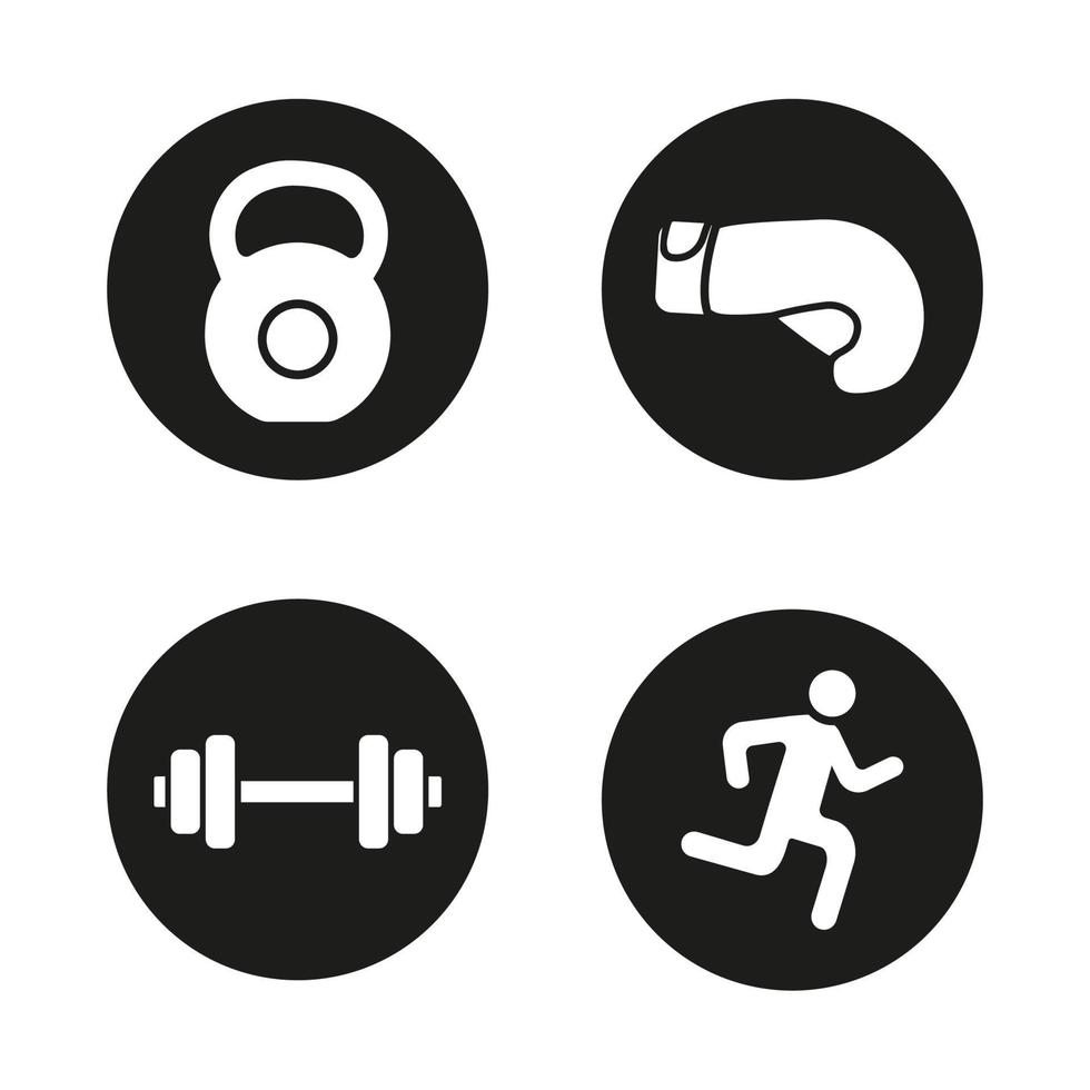 conjunto de iconos de deporte y fitness. gimnasio con mancuernas y pesas rusas, hombre corriente y guante de boxeo. Estilo de vida activo. ilustraciones de siluetas blancas vectoriales en círculos negros vector