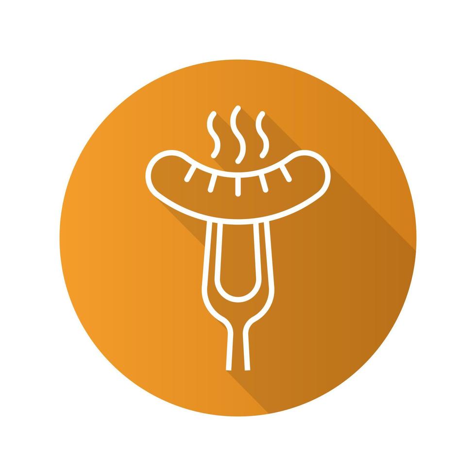 Sausage on fork flat linear long shadow icon. Steaming bratwurst on carving fork. Vector line symbol