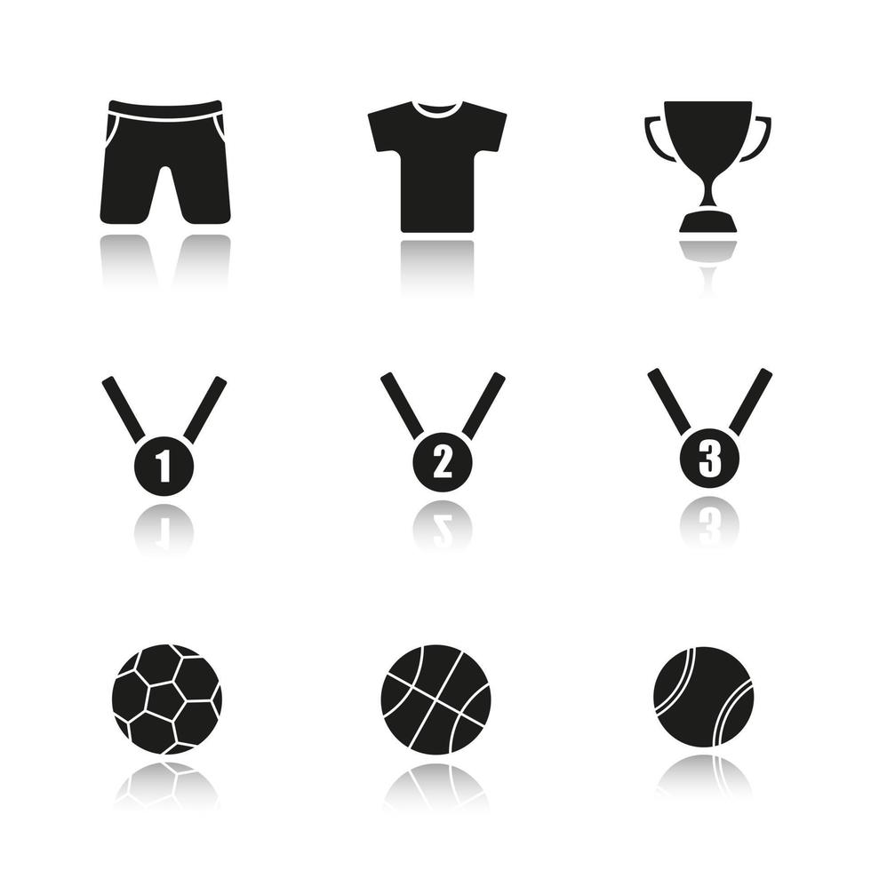 Sport drop shadow black icons set. Soccer, basketball and tennis balls, gold, silver and bronze medals, winner's cup, sport uniform. Isolated vector illustrations