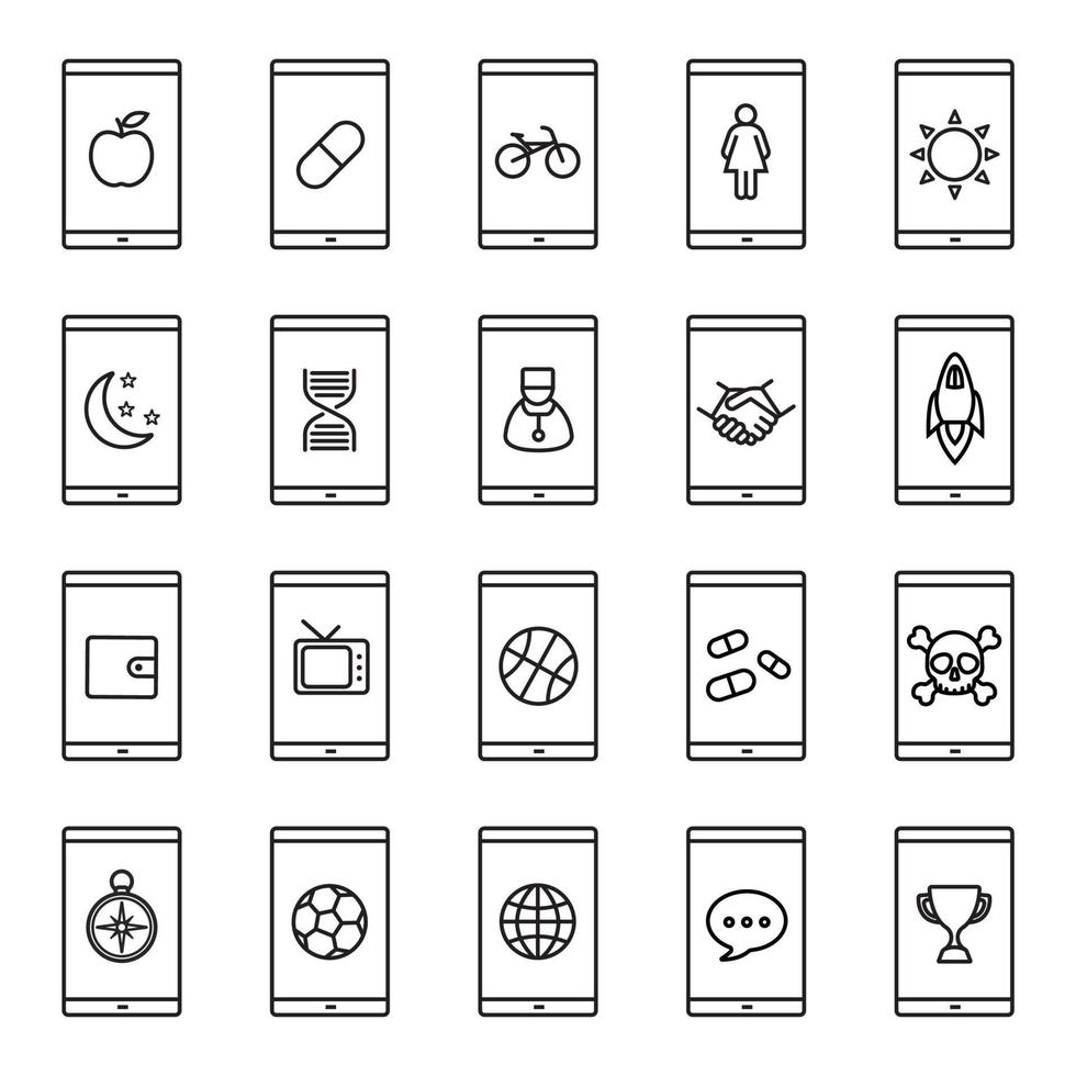 Smartphone apps linear icons set. Smart phone sport, business, medical, email apps. Thin line contour symbols. Isolated vector illustrations