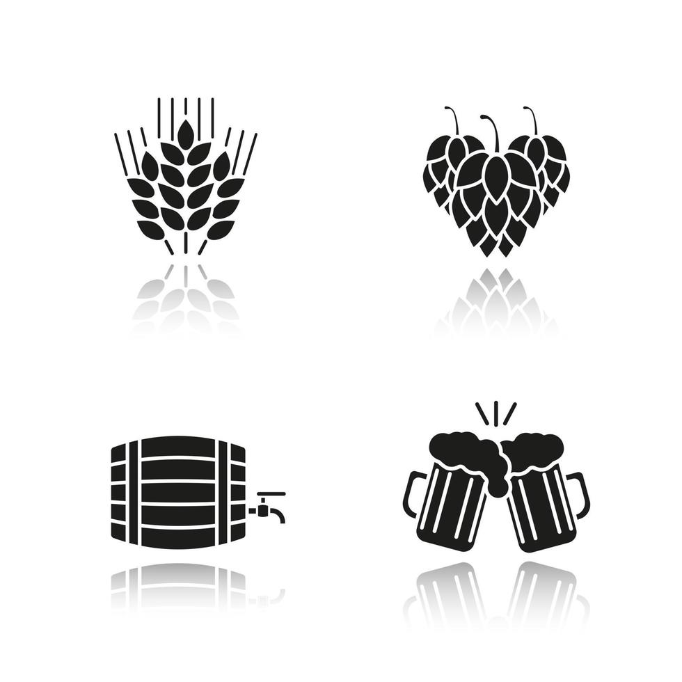 Beer drop shadow black icons set. Wheat ears, hop cones, alcohol wooden barrel, toasting beer glasses. Isolated vector illustrations