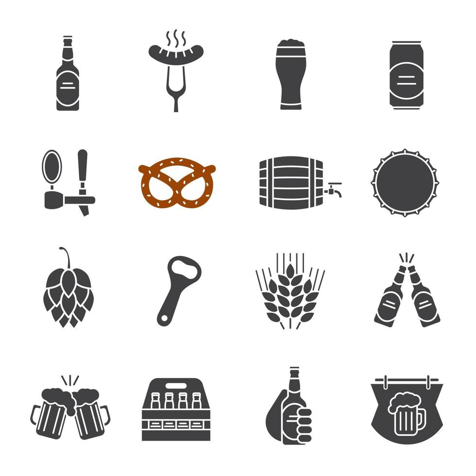 Beer glyph icons set. Bar and pub silhouette symbols. Foamy beer glass, bottle, can, mug, keg, crate, tap, cap, bottle opener, sausage on fork, brezel. Vector isolated illustration