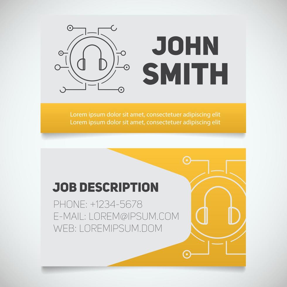 Business card print template with headphones logo. Manager. Music producer. DJ. Digital music. Stationery design concept. Vector illustration