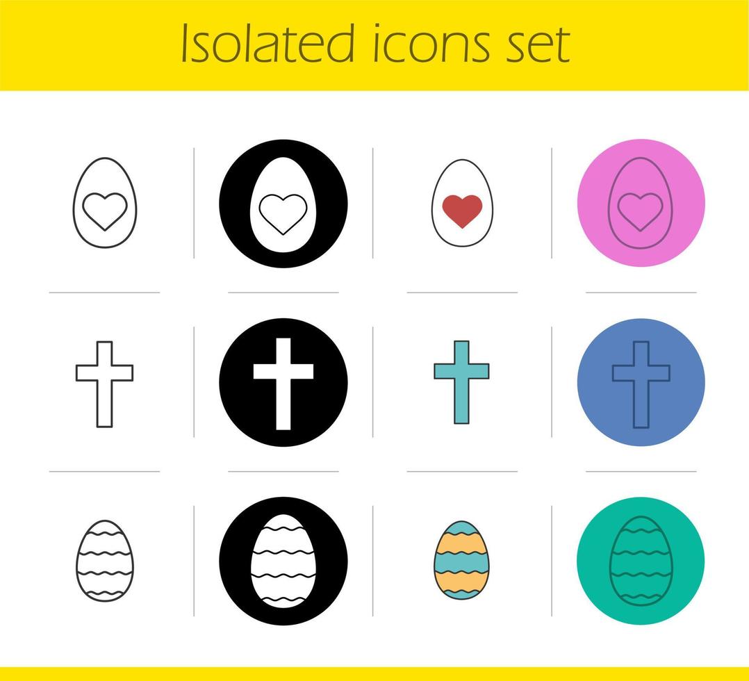 Easter icons set. Linear, black and color styles. Easter eggs with heart shape and ornament, cross. Isolated vector illustrations