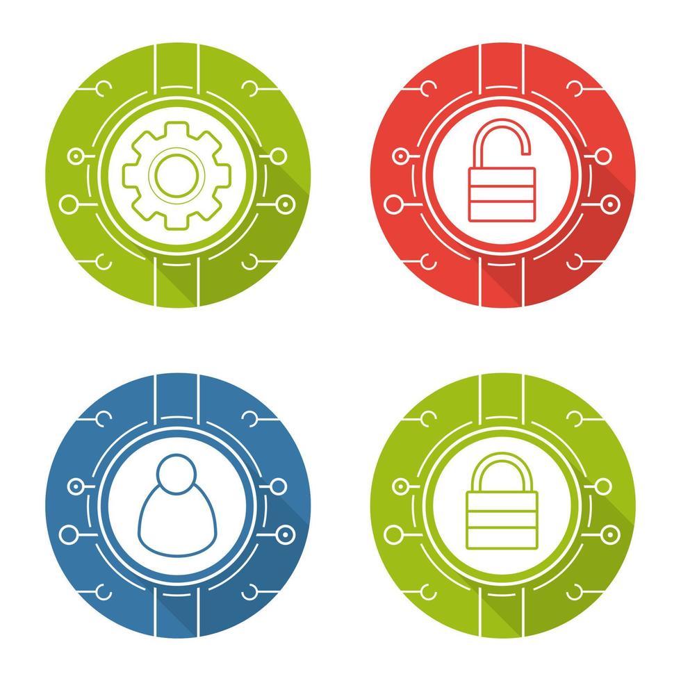 Cyber security flat design long shadow icons set. Access denied, network admin, settings, access granted. Digital symbols. Vector silhouette illustration