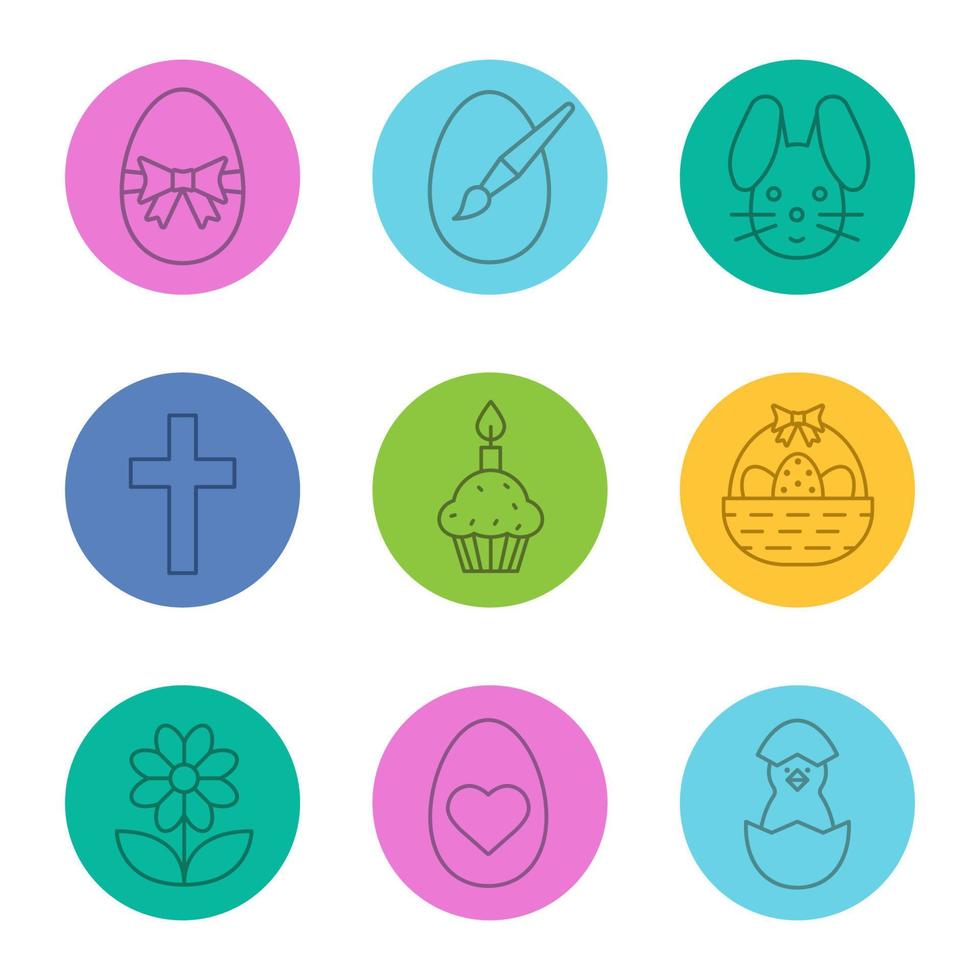 Easter linear icons set. Newborn chicken, flower, Easter basket, eggs with heart shape and bow, bunny, cross. Thin line contour symbols on color circles. Vector illustrations