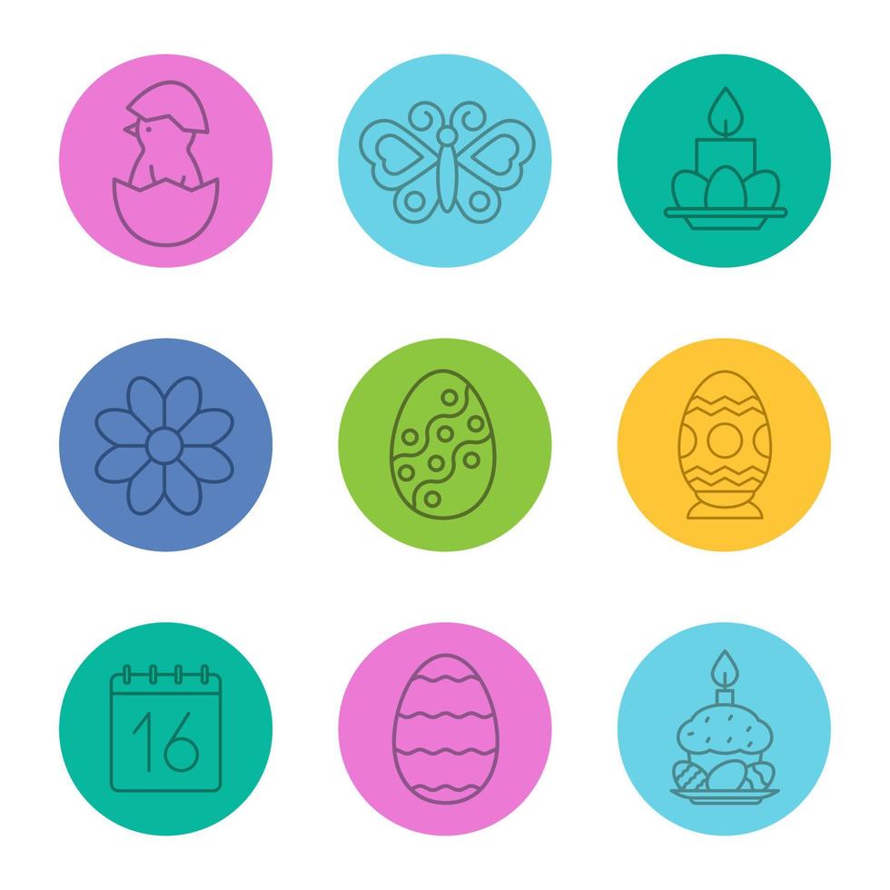 Easter linear icons set. Newborn chicken, butterfly, flower, April 16 calendar date, Easter eggs, cake and candle. Thin line contour symbols on color circles. Vector illustrations