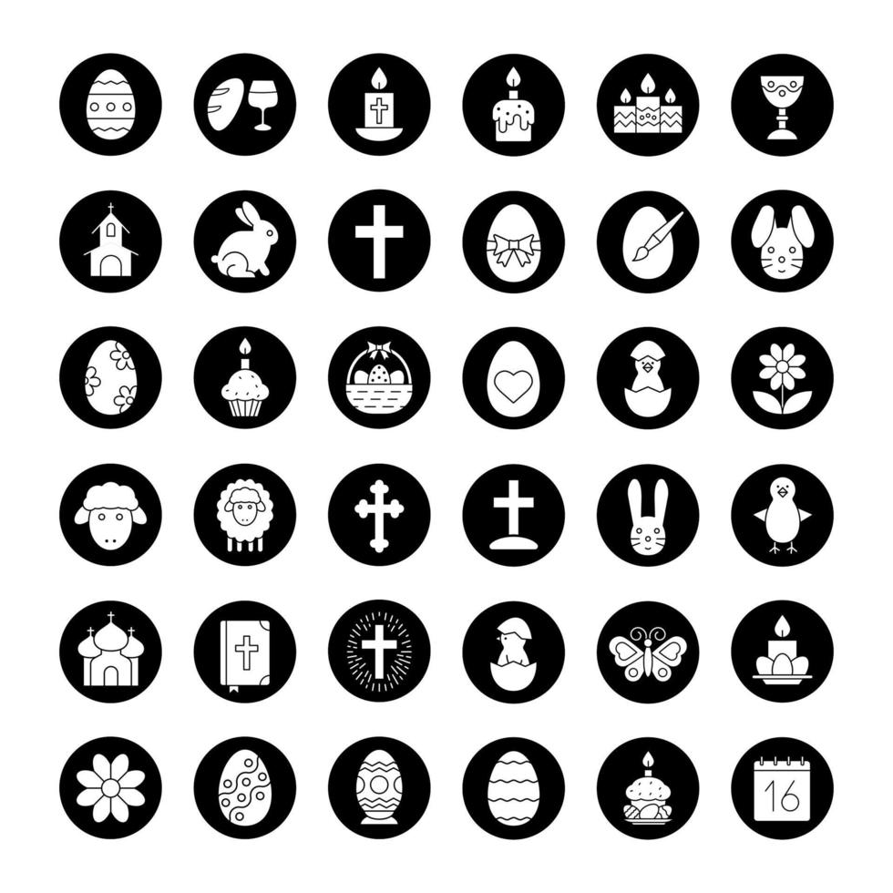 Easter icons set. Easter bunny, eggs, cake, cross, lamb, chicken, church, candles, Holy Bible, April 16, wine and bread. Vector white silhouettes illustrations in black circles