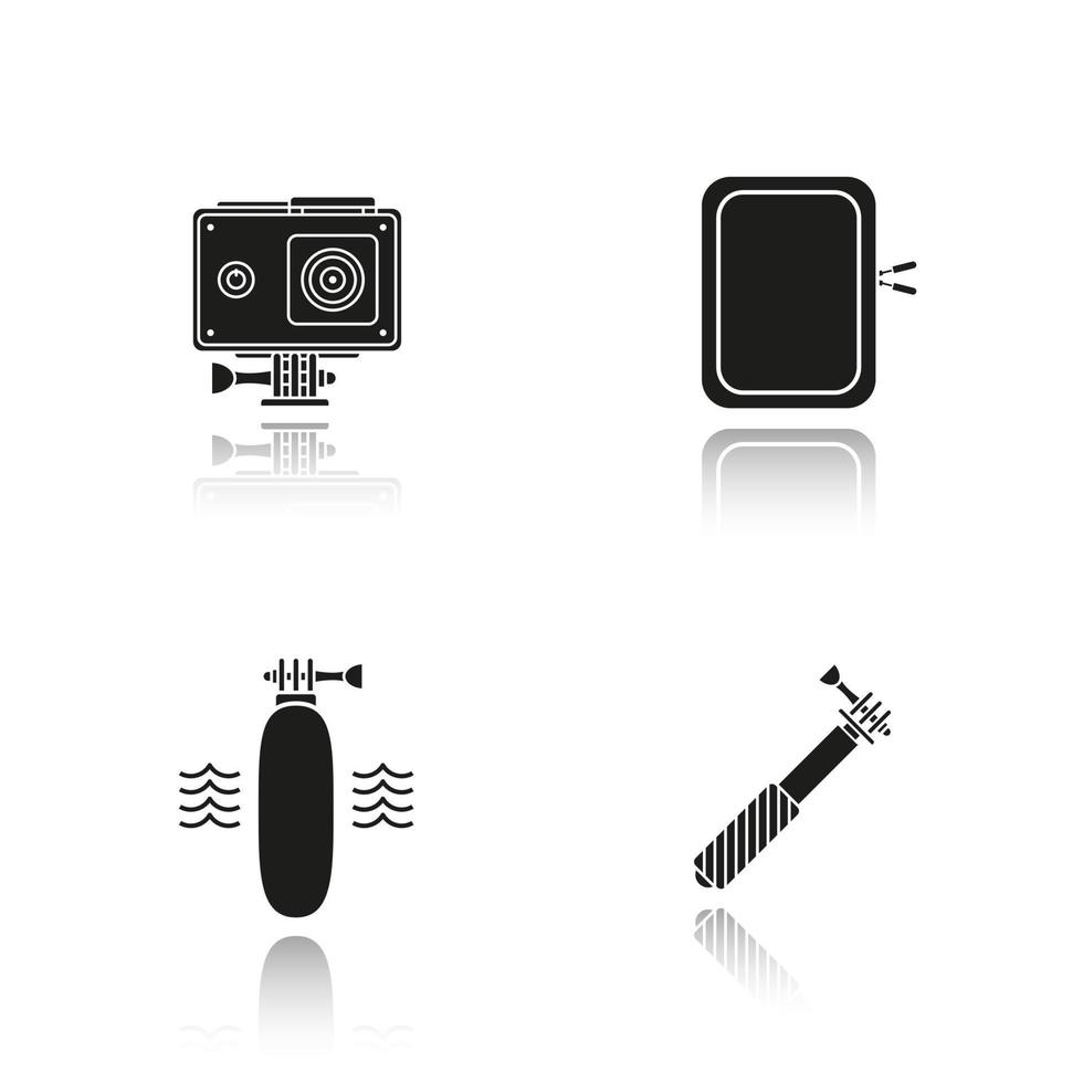 Action camera drop shadow black icons set. Floating grip, gadget protective case, monopod. Isolated vector illustrations