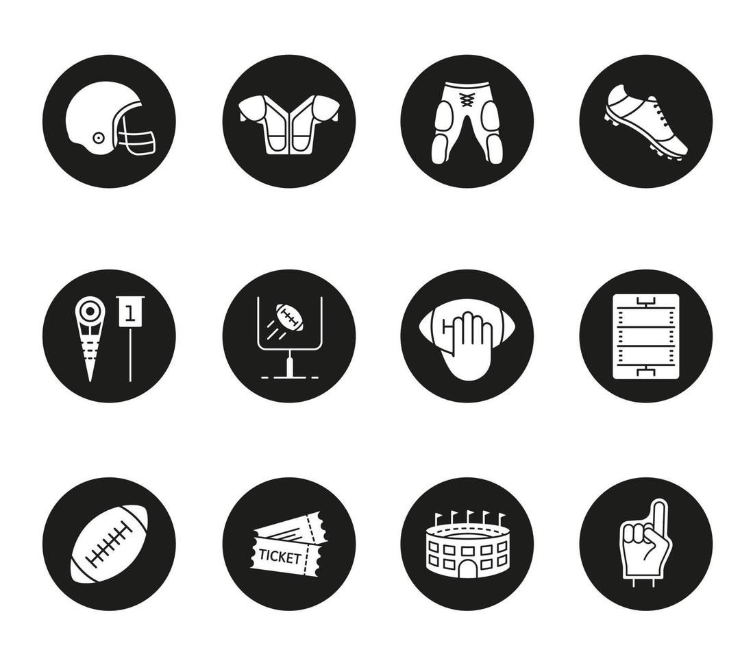 American football icons set. Helmet, shoulder pad, ball, shorts, hand holding ball, goal sign, foam finger, game tickets, arena. Vector white silhouettes illustrations in black circles