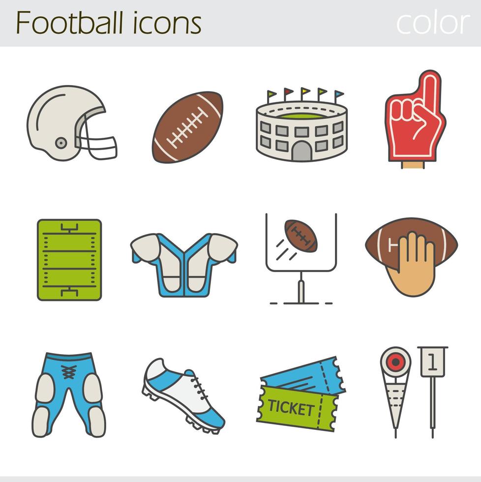 American football color icons set. Helmet, shoulder pad, ball, shorts, hand holding ball, goal sign, foam finger, game tickets, arena. Isolated vector illustrations