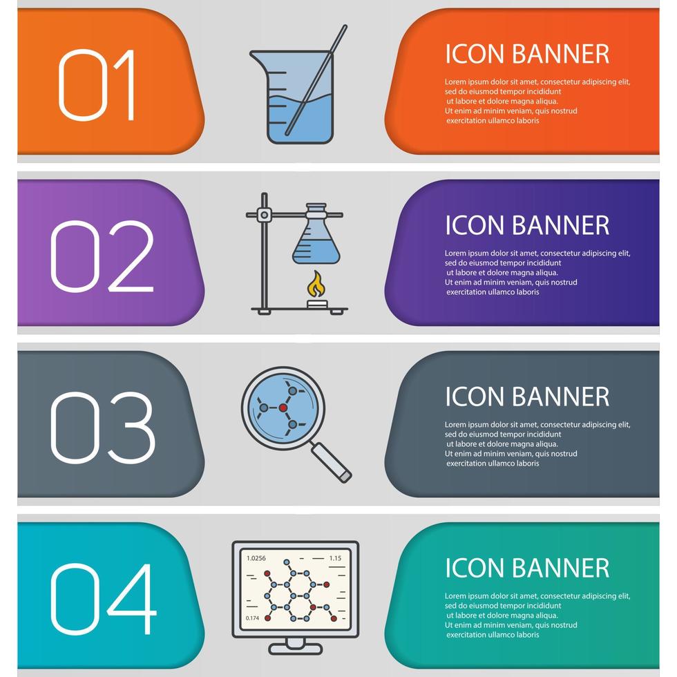 Chemical lab banner templates set. Beaker with rod, molecular science and analysis, ring stand with flask. Website menu items. Color web banner. Vector headers design concepts