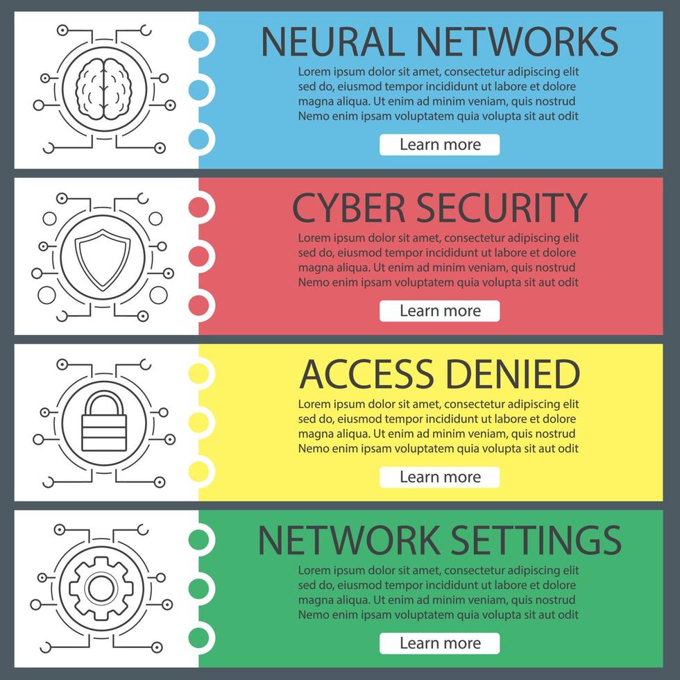 Digital banner templates set. Cyber security. Neural networks, protection, shield, lock, settings. Website menu items with linear icons. Color web banner. Vector headers design concepts