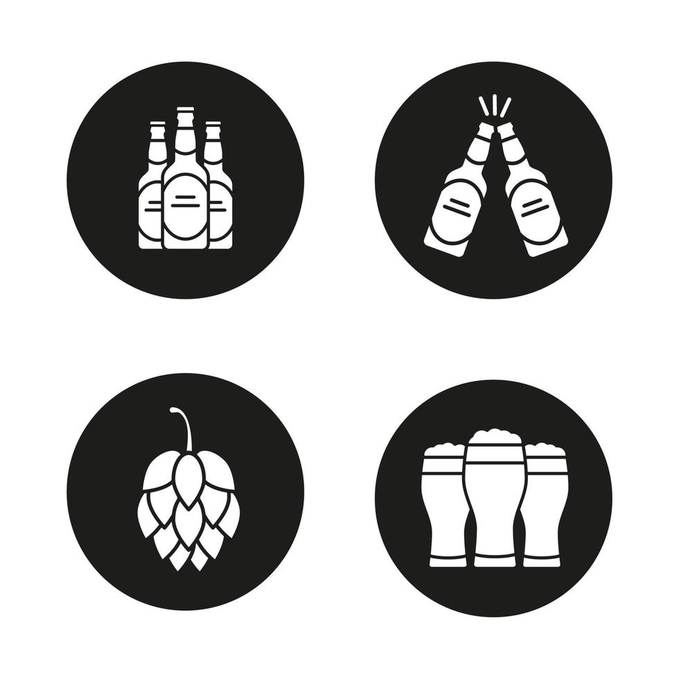 Beer icons set. Hop cone, beer bottles and glasses. Vector white silhouettes illustrations in black circles