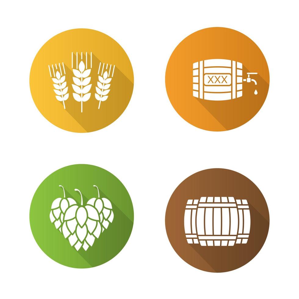 Beer flat design long shadow icons set. Alcohol wooden barrels, hop cones, wheat ears, rum or whiskey barrel with tap, drop and xxx sign. Vector silhouette symbols