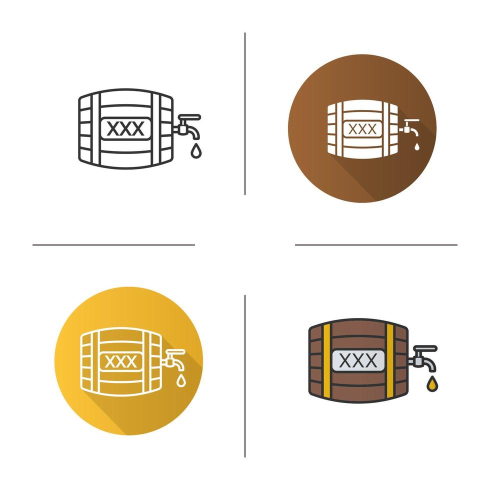 Alcohol wooden barrel icon. Flat design, linear and color styles. Whiskey or rum barrel with tap, drop and xxx sign. Isolated vector illustrations