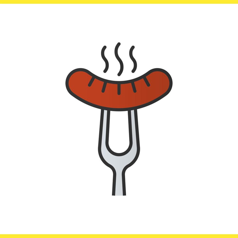 Sausage on fork color icon. Steaming bratwurst on carving fork. Isolated vector illustration