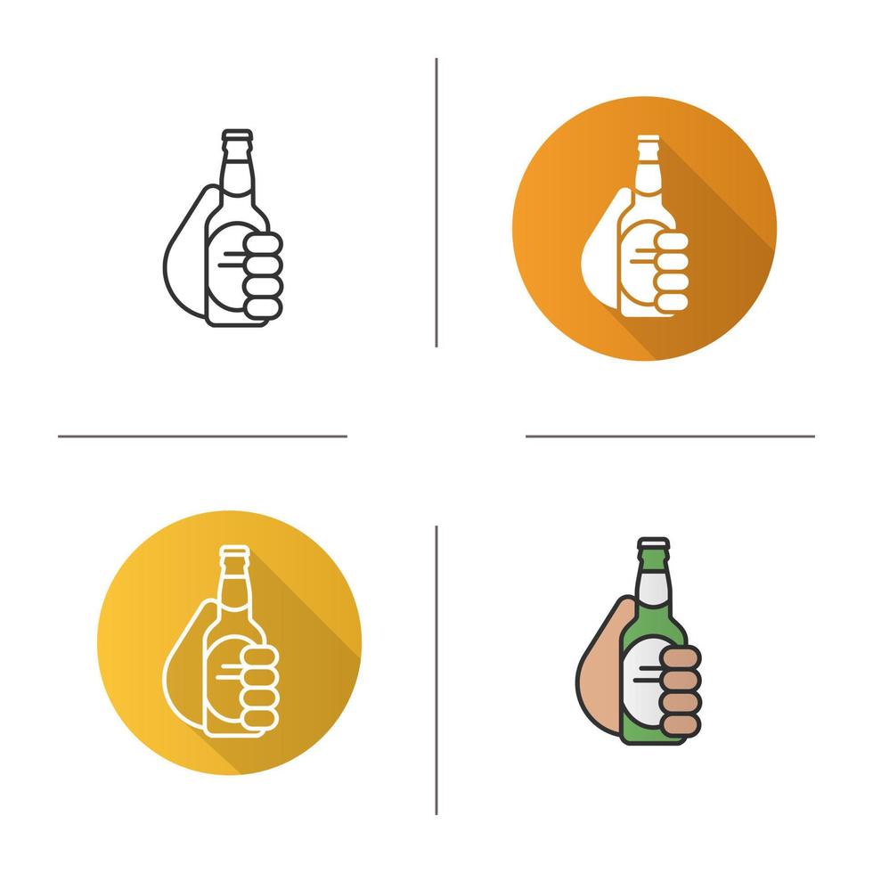 mano con icono de botella de cerveza. diseño plano, estilos lineales y de color. tostado mano sosteniendo cerveza. saludos ilustraciones vectoriales aisladas vector