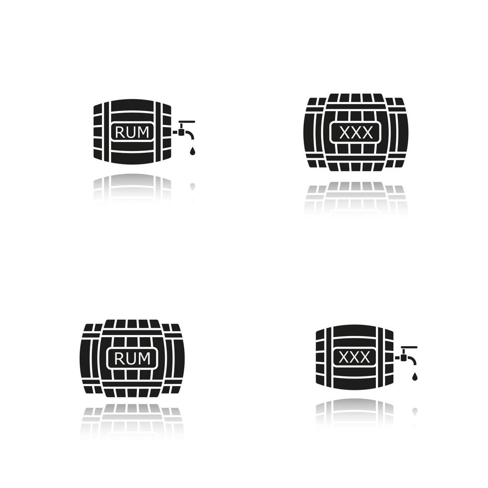Alcohol wooden barrels drop shadow black icons set. Rum or whiskey wooden barrels with tap, drop and xxx sign. Isolated vector illustrations