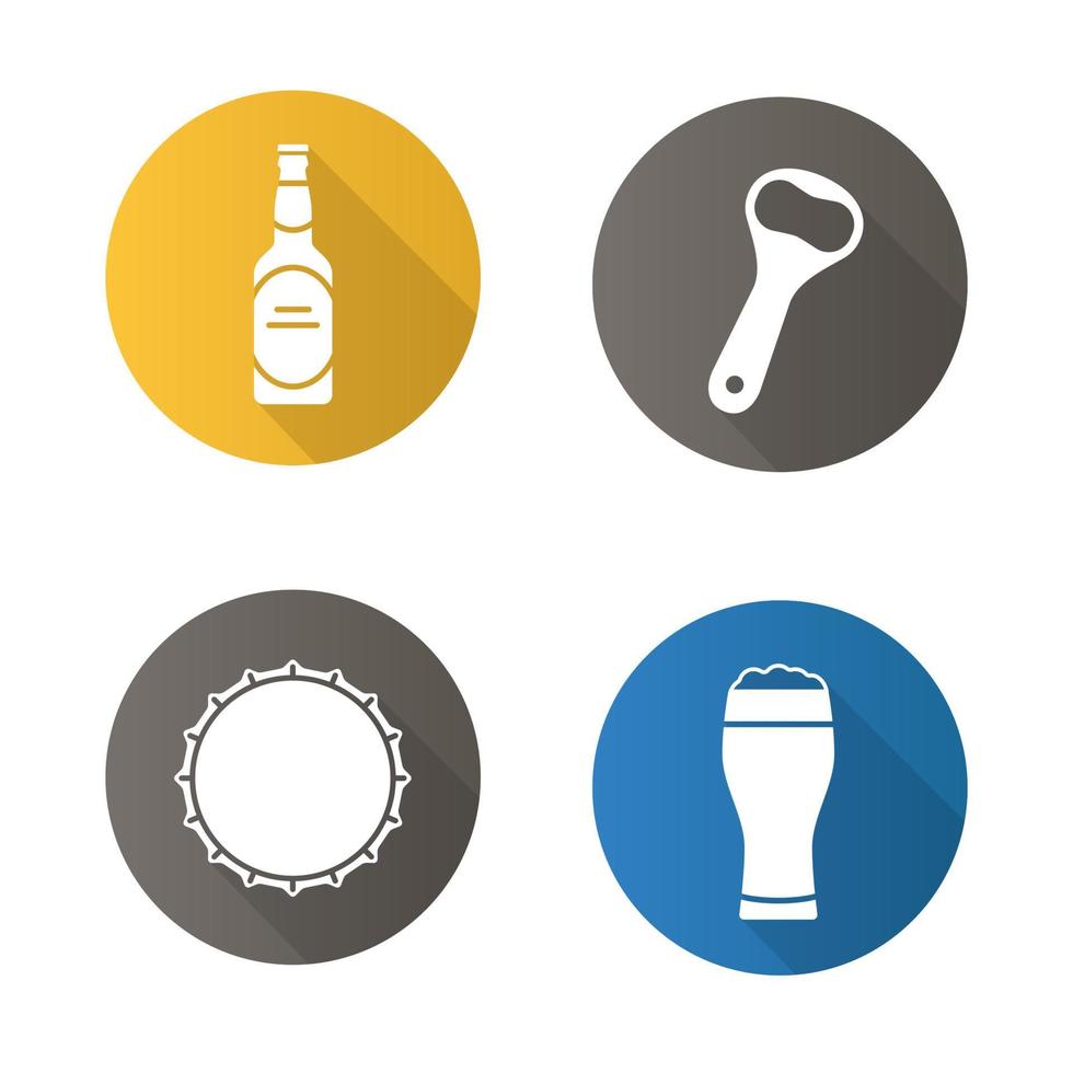 conjunto de iconos de larga sombra de diseño plano de cerveza. botella de cerveza, abridor, tapa y vaso lleno de espuma. vector silueta simbolos