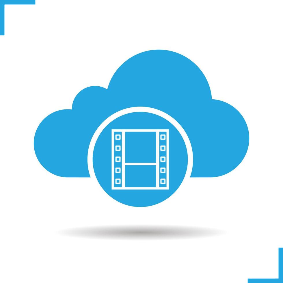 Cloud storage video file icon. Drop shadow silhouette symbol. Cloud computing. Negative space. Vector isolated illustration