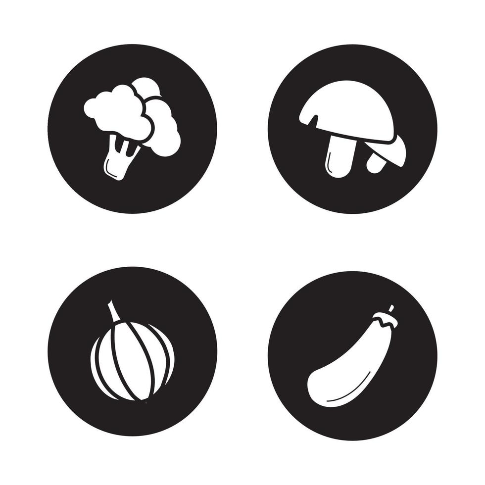 Vegetables icons set. Broccoli, mushrooms, garlic, eggplant. Vector white silhouettes illustrations in black circles