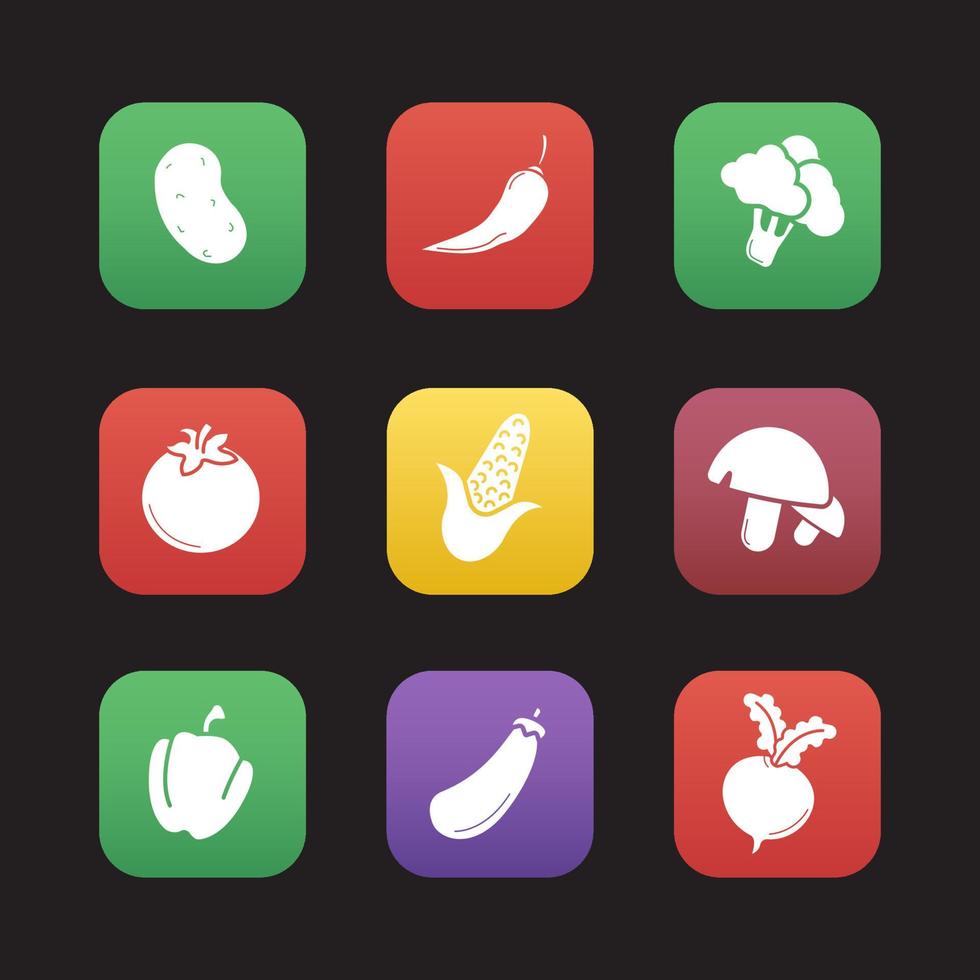 Vegetables flat design icons set. Potato, hot chili pepper, broccoli, tomato, corn, mushrooms, paprika, eggplant, beet. Web application interface. Vector illustrations