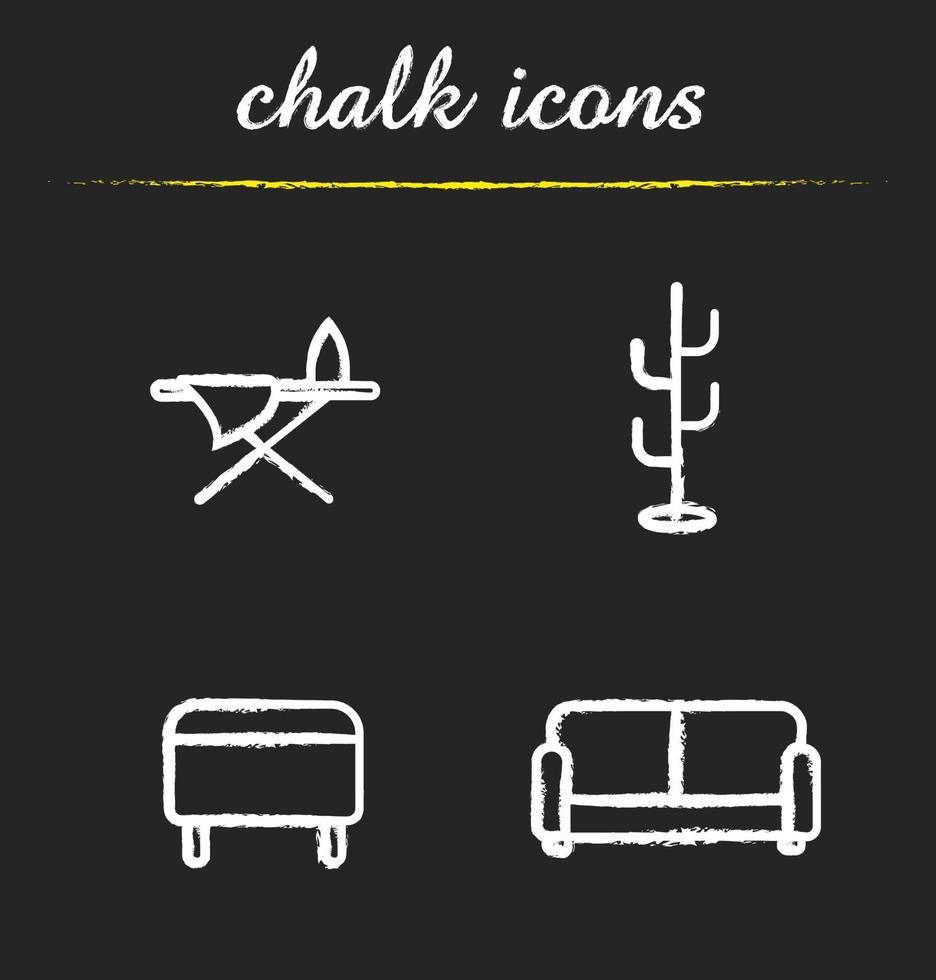 Furniture chalk icons set. Room interior items. Ottoman, ironing board, hanger stand and sofa. Isolated vector chalkboard illustrations