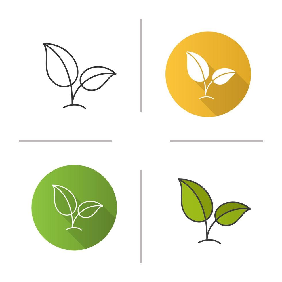 Eco icon. Flat design, linear and color styles. Ecology. Growing plant with leaves. Isolated vector illustrations