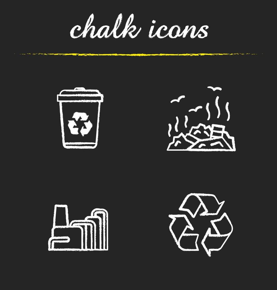Waste management chalk icons set. Recycle bin symbol, rubbish dump, factory pollution. Environment protection. Isolated vector chalkboard illustrations