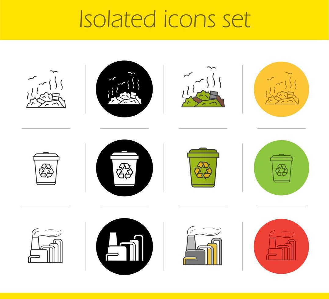 Waste management icons set. Linear, black and color styles. Recycle bin, rubbish dump, factory pollution. Environment protection. Isolated vector illustrations