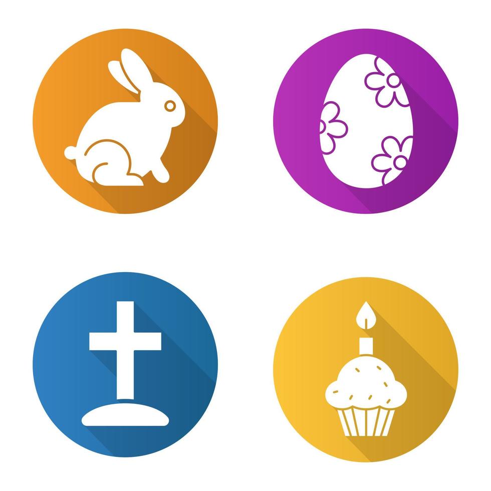 Easter flat design long shadow icons set. Cross on hill, Easter bunny, egg with flowers pattern, cake and candle. Vector silhouette illustration