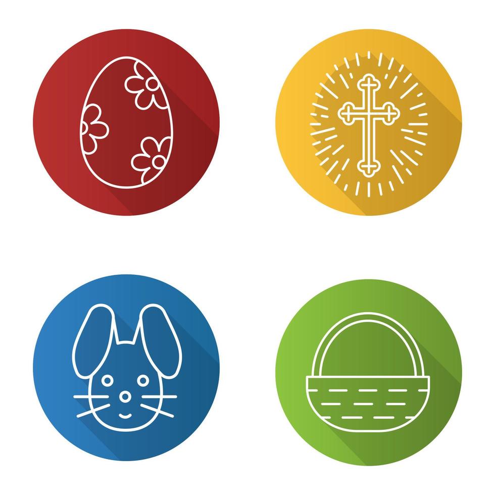 Easter flat linear long shadow icons set. Easter egg with flowers pattern, bunny, Christian crucifix, basket. Vector line illustration