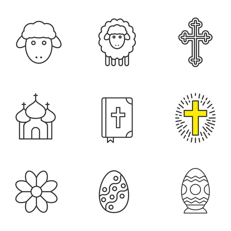 Easter linear icons set. Flower, church, Holy Bible, Easter eggs, lambs and crosses. Thin line contour symbols. Isolated vector illustrations