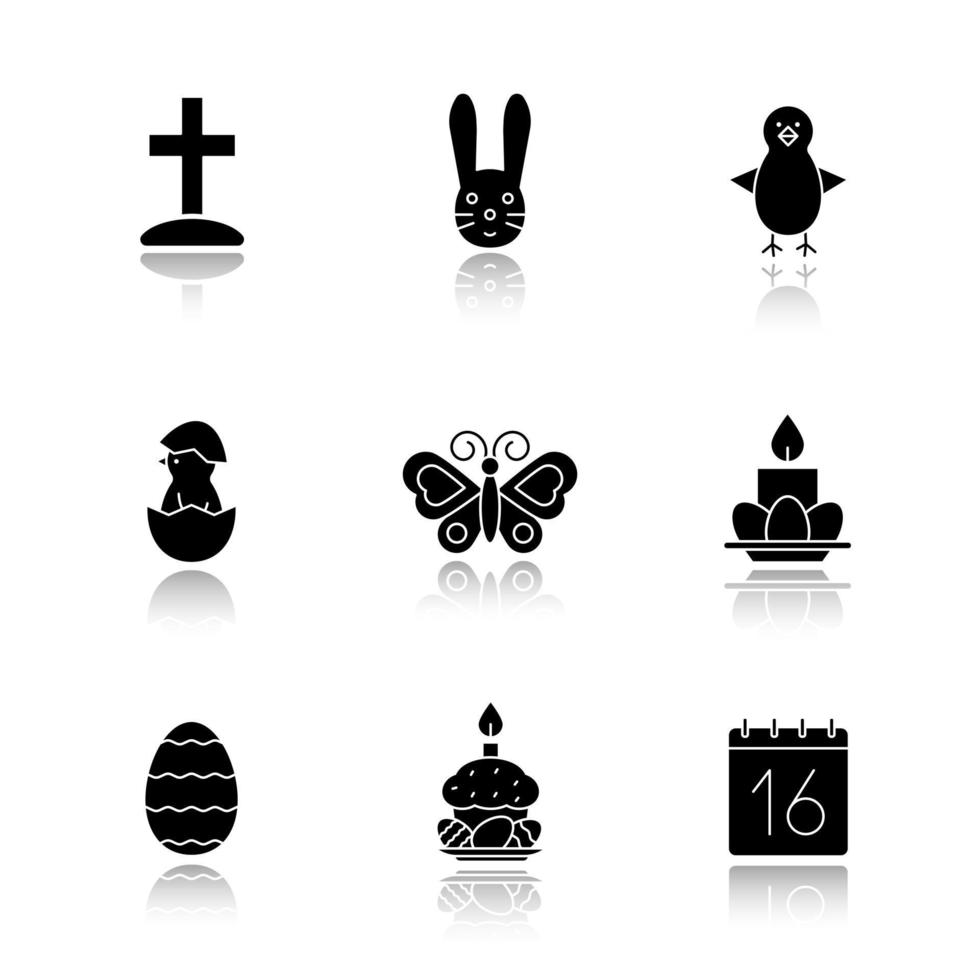 Easter drop shadow black icons set. Cross on hill, newborn chicken in egg shell, Easter bunny, eggs with cake and candles, April 16 calendar, butterfly. Isolated vector illustrations