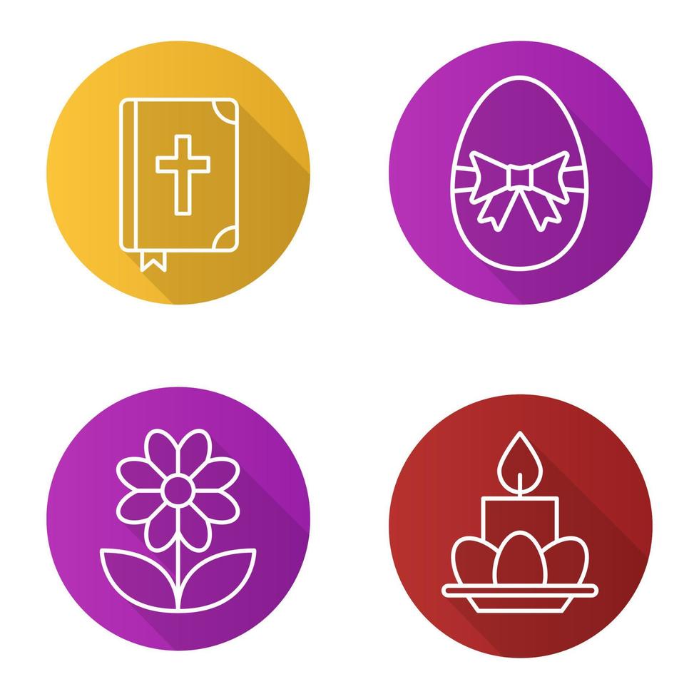 Easter flat linear long shadow icons set. Holy Bible, Easter egg with bow and ribbon, camomile, eggs and candle on plate. Vector line illustration