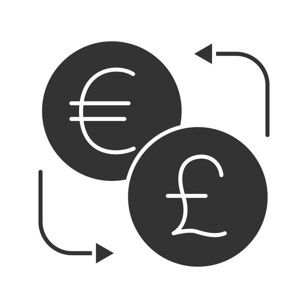 Euro and British pound currency exchange glyph icon. Silhouette symbol. Negative space. Refund. Vector isolated illustration