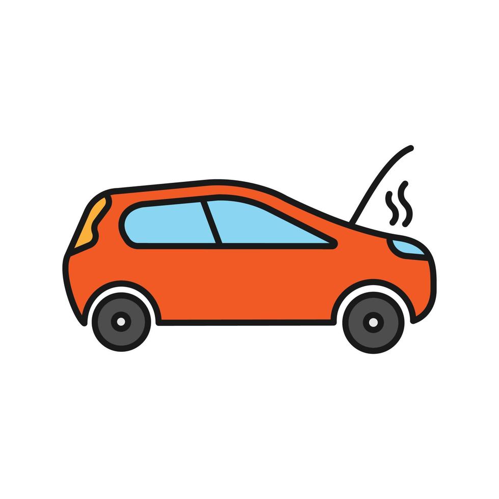 Broken car color icon. Automobile with open hood and smoke. Isolated vector illustration