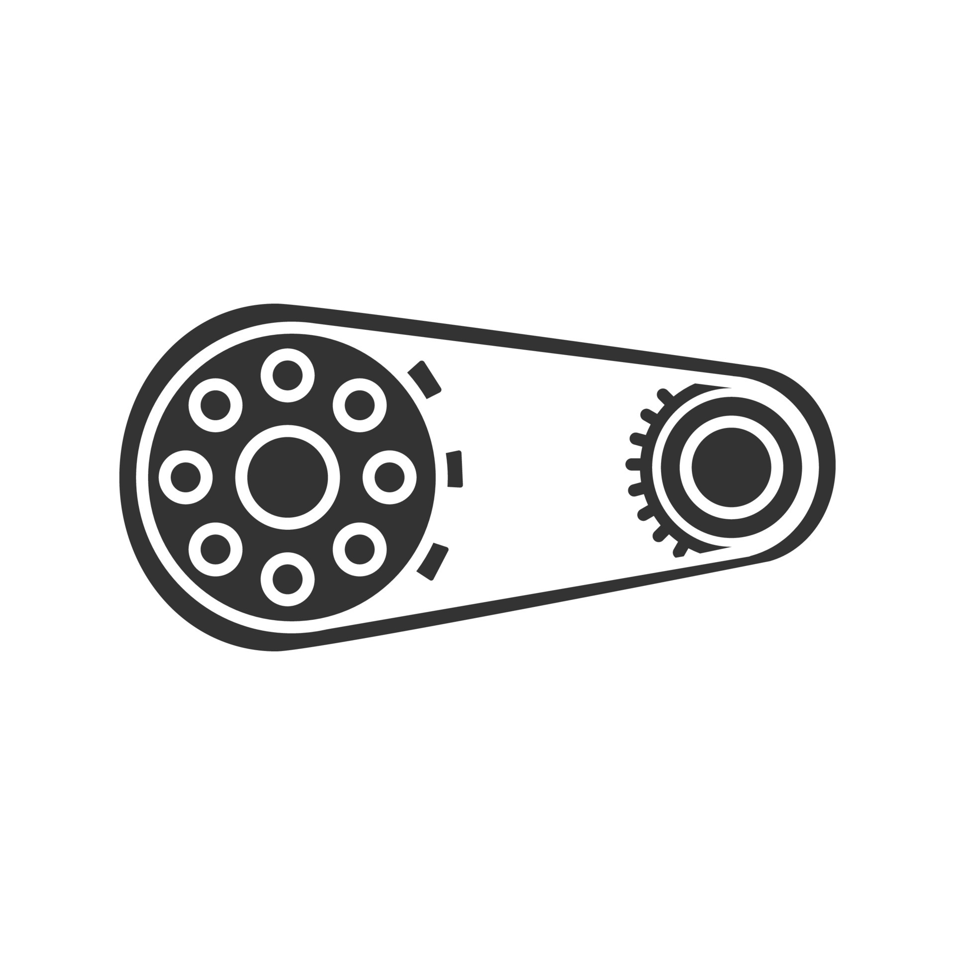 Sprocket wheel with chain glyph icon. Drive belt on pulley. Silhouette