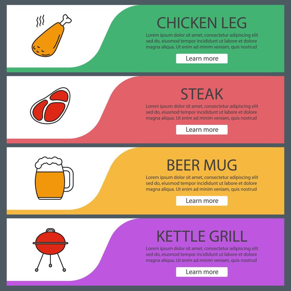 Barbecue web banner templates set. BBQ. Chicken leg, steak, beer mug, kettle grill. Website color menu items. Vector headers design concepts