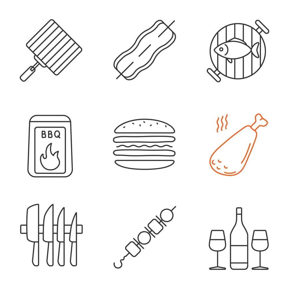 Barbecue linear icons set. BBQ. Hand grill, bacon, grilled fish, coal, sandwich, chicken leg, knives set, shish kebab, wine. Thin line contour symbols. Isolated vector outline illustrations