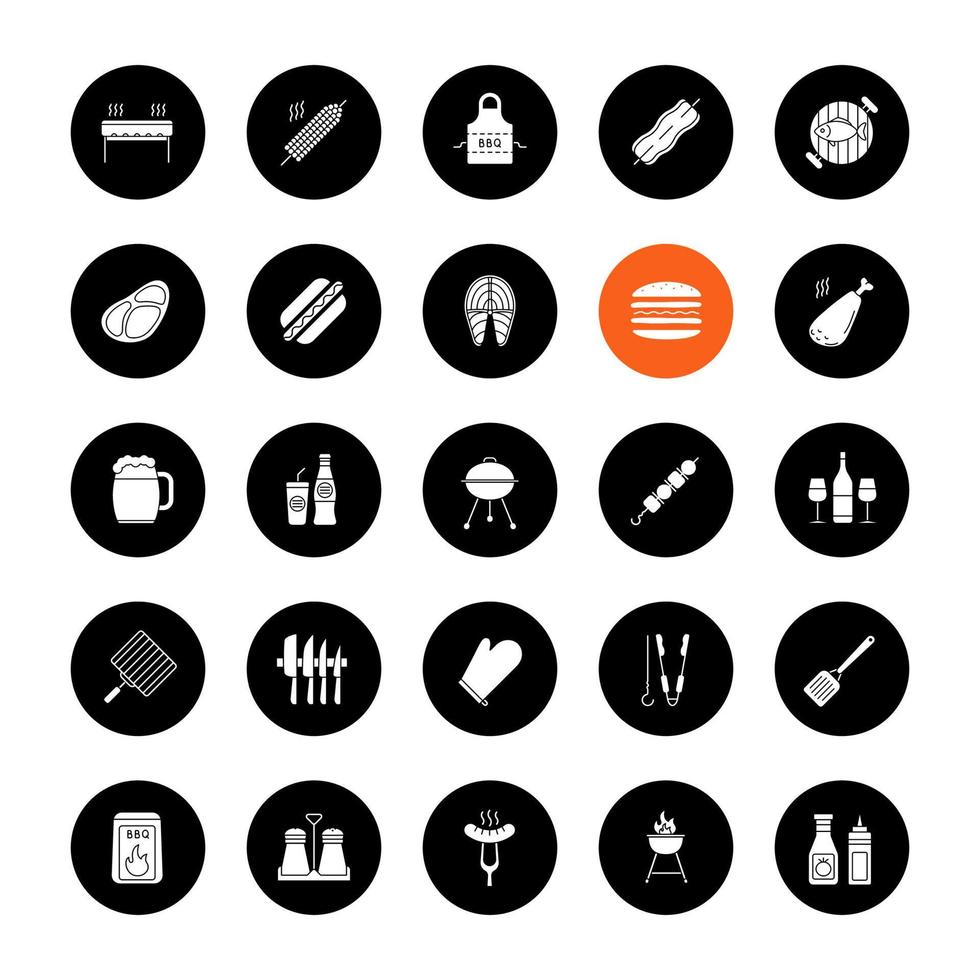 conjunto de iconos de glifo de barbacoa. barbacoa. Parrillas para parrilla, alimentos, bebidas, utensilios de cocina. ilustraciones de siluetas blancas vectoriales en círculos negros vector