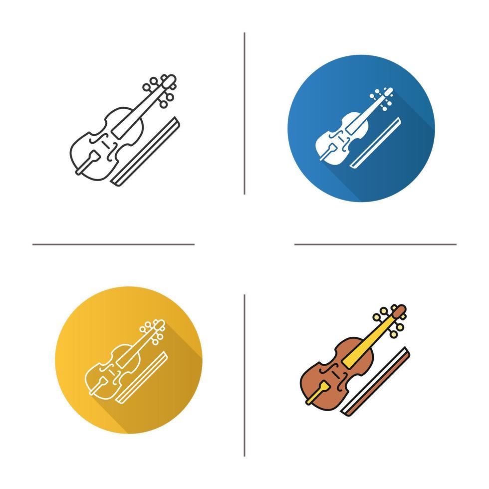 Viola and bow icon. Flat design, linear and color styles. Cello. Isolated vector illustrations