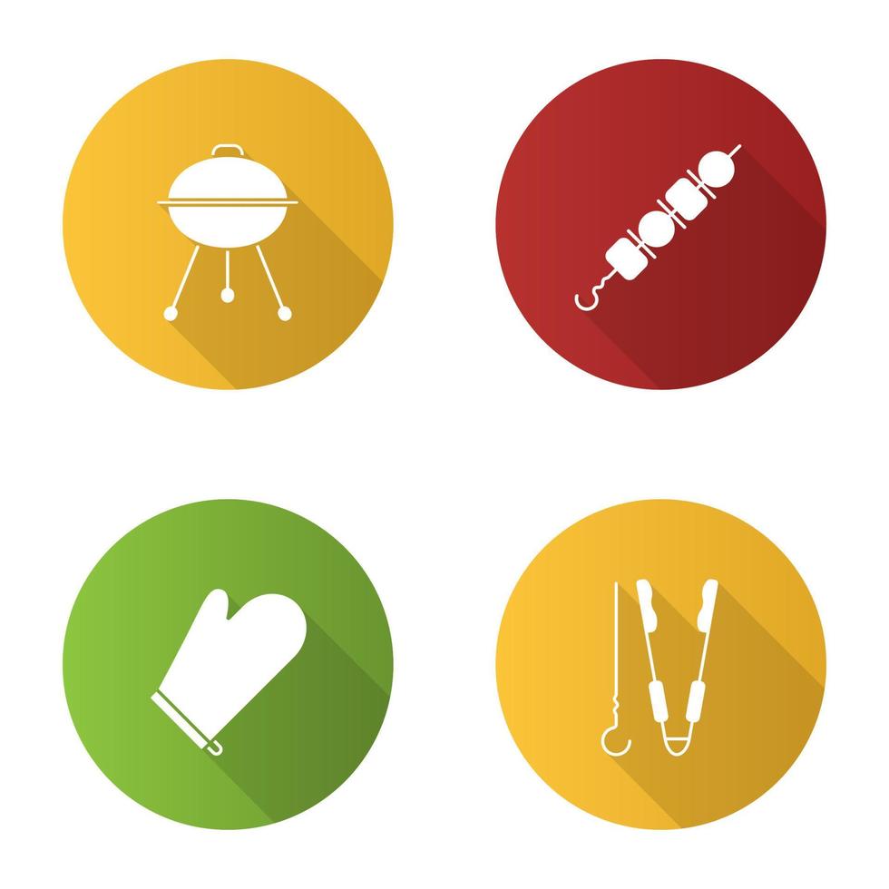 Conjunto de iconos de glifo de larga sombra de diseño plano de barbacoa. barbacoa. hervidor grill, shish kebab, guante de cocina, pinzas y brocheta. ilustración de silueta de vector