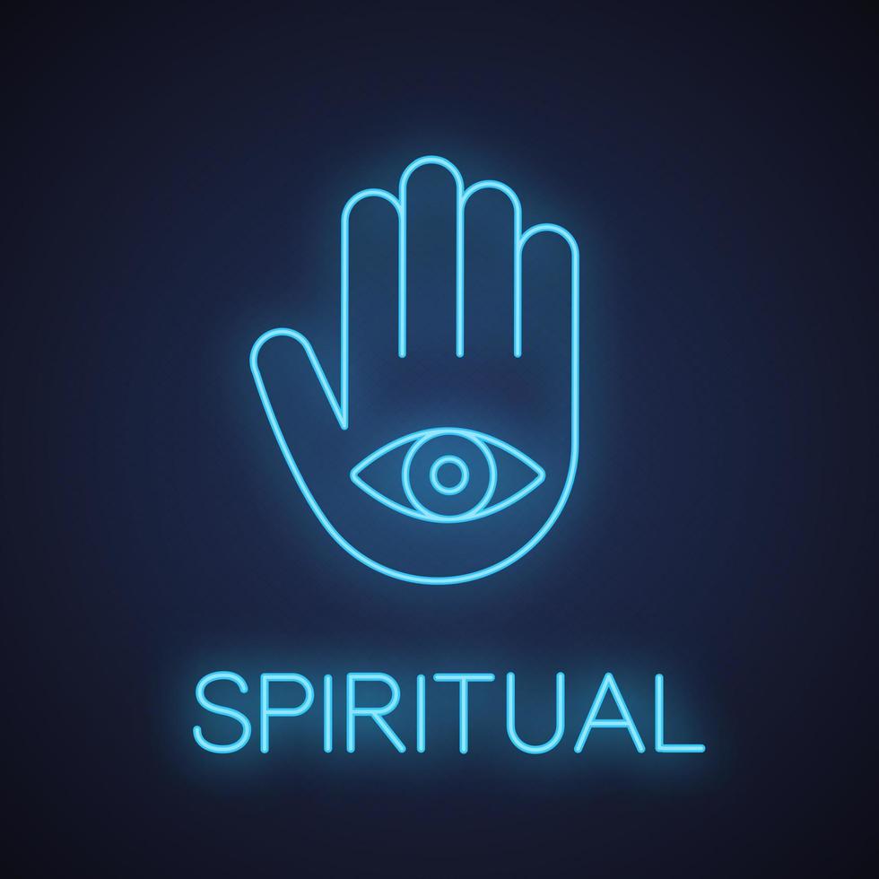 Eye in hand neon light icon. Spiritual glowing sign. Hand of Fatima. Vector isolated illustration