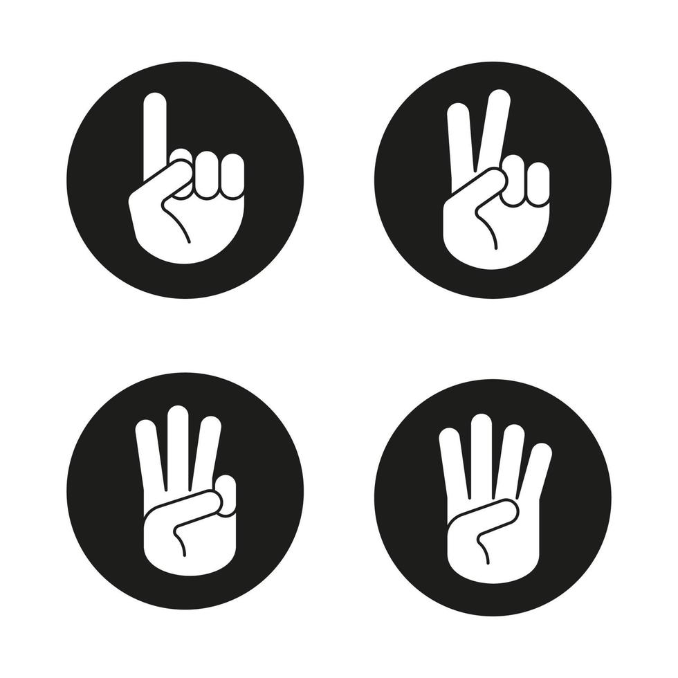 Hand gestures icons set. One, two, three and four fingers up. Vector white silhouettes illustrations in black circles