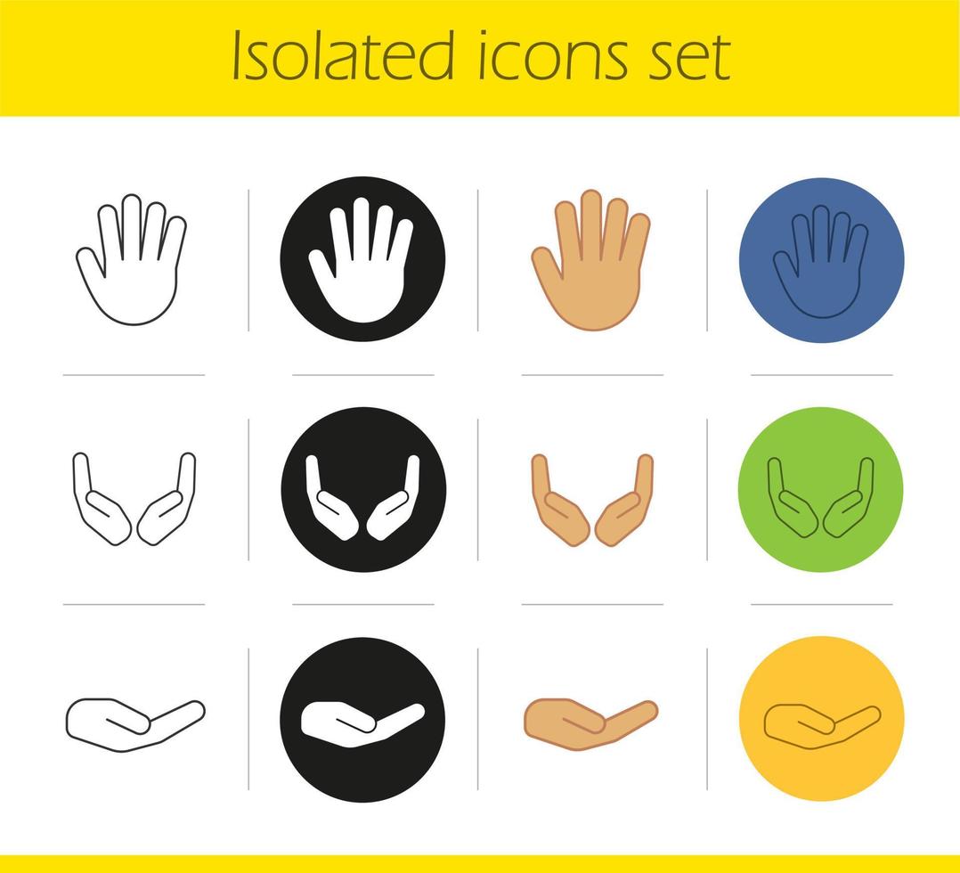 Hand gestures icons set. Linear, black and color styles. Begging and cupped hands, palm. Isolated vector illustrations