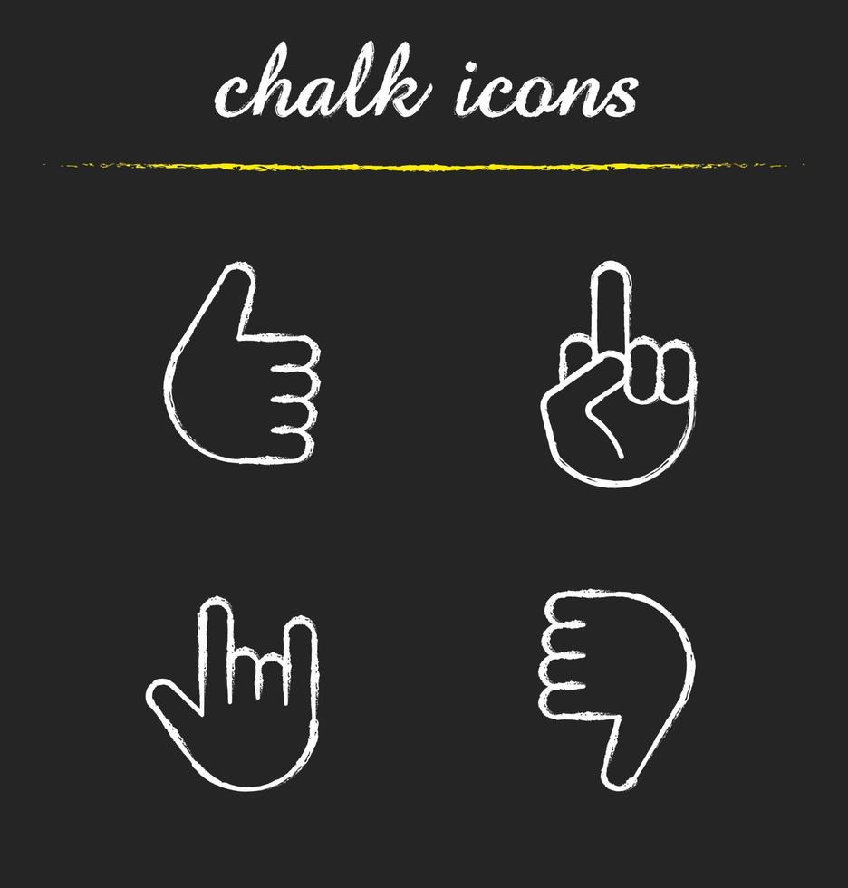 Hand gestures chalk icons set. Thumbs up, dislike, heavy metal, middle finger up. Isolated vector chalkboard illustrations