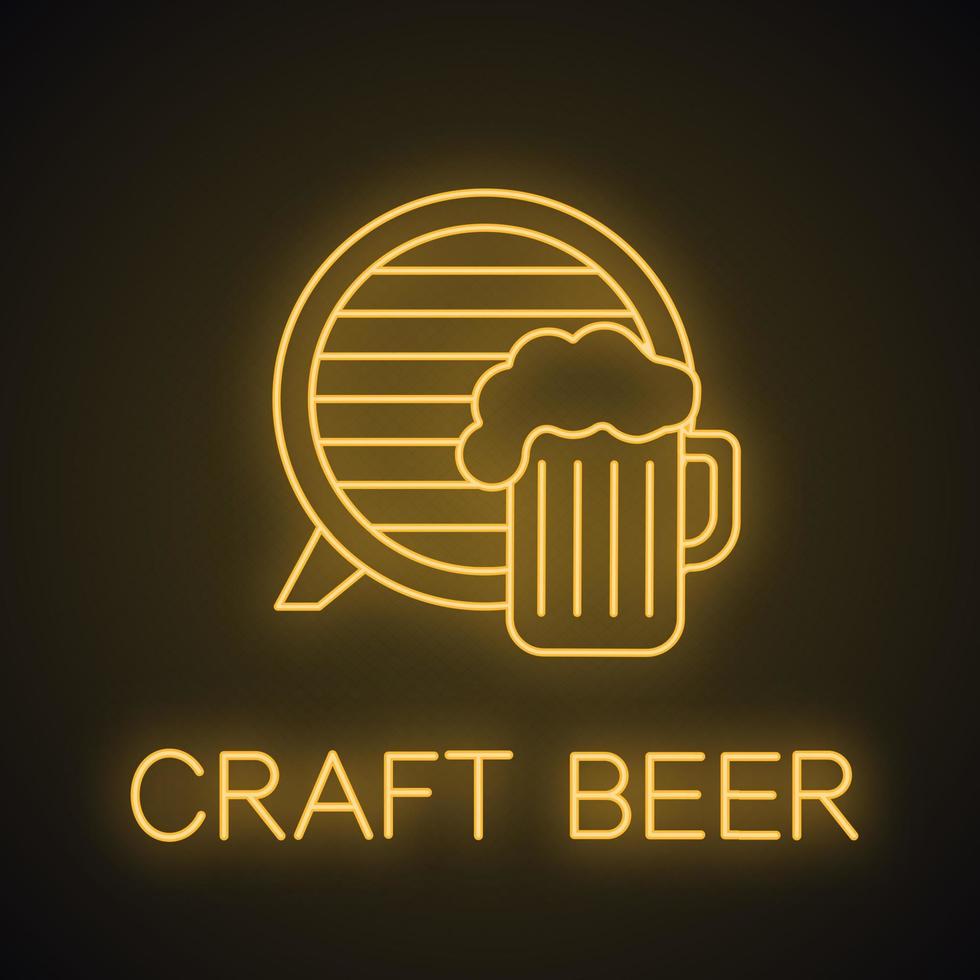 Craft beer pub neon light icon. Bar glowing sign. Beer mug and barrel. Brewery. Vector isolated illustration