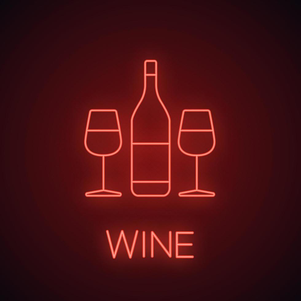 Wine and two glasses neon light icon. Bar glowing sign. Champagne. Vector isolated illustration